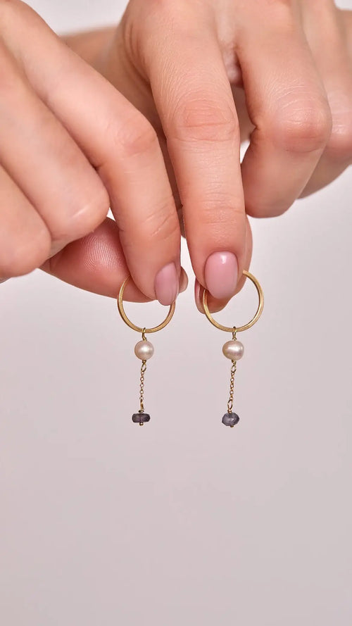 Argola Fluidez | Iolita & Pérolas  | Ouro 18k