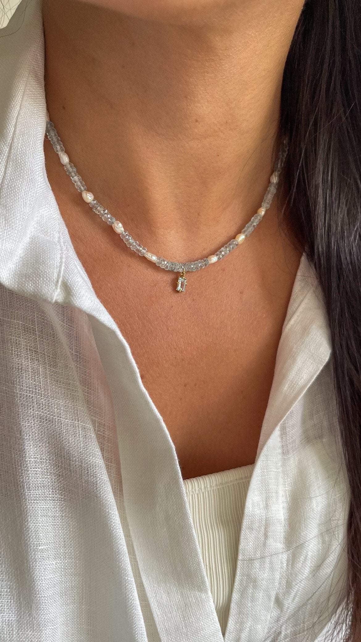 Colar Odoyá | Topázio Azul & pérolas | ouro 18k