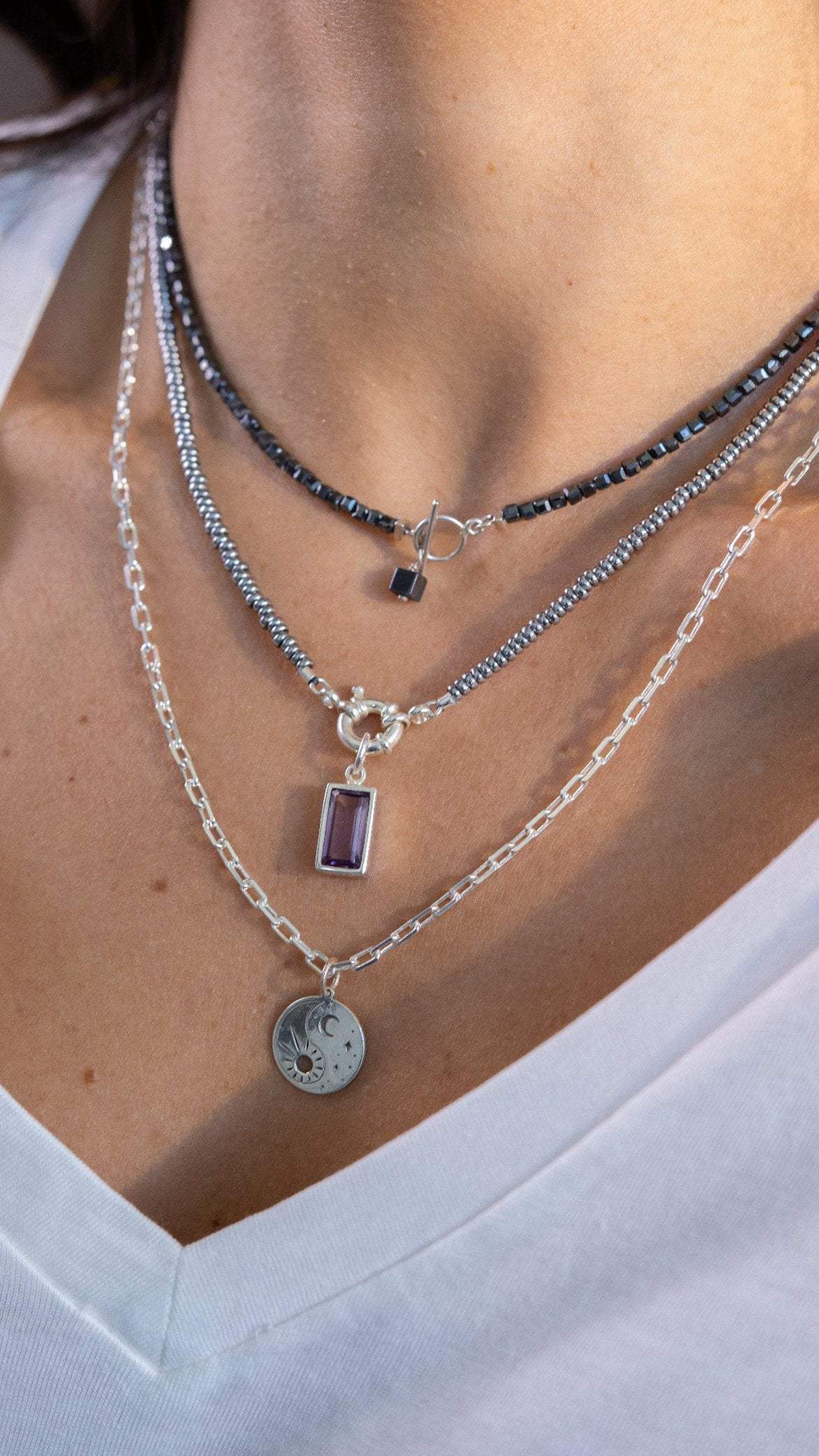 Colar Luz do Luar | Hematitas | linha Prata 950