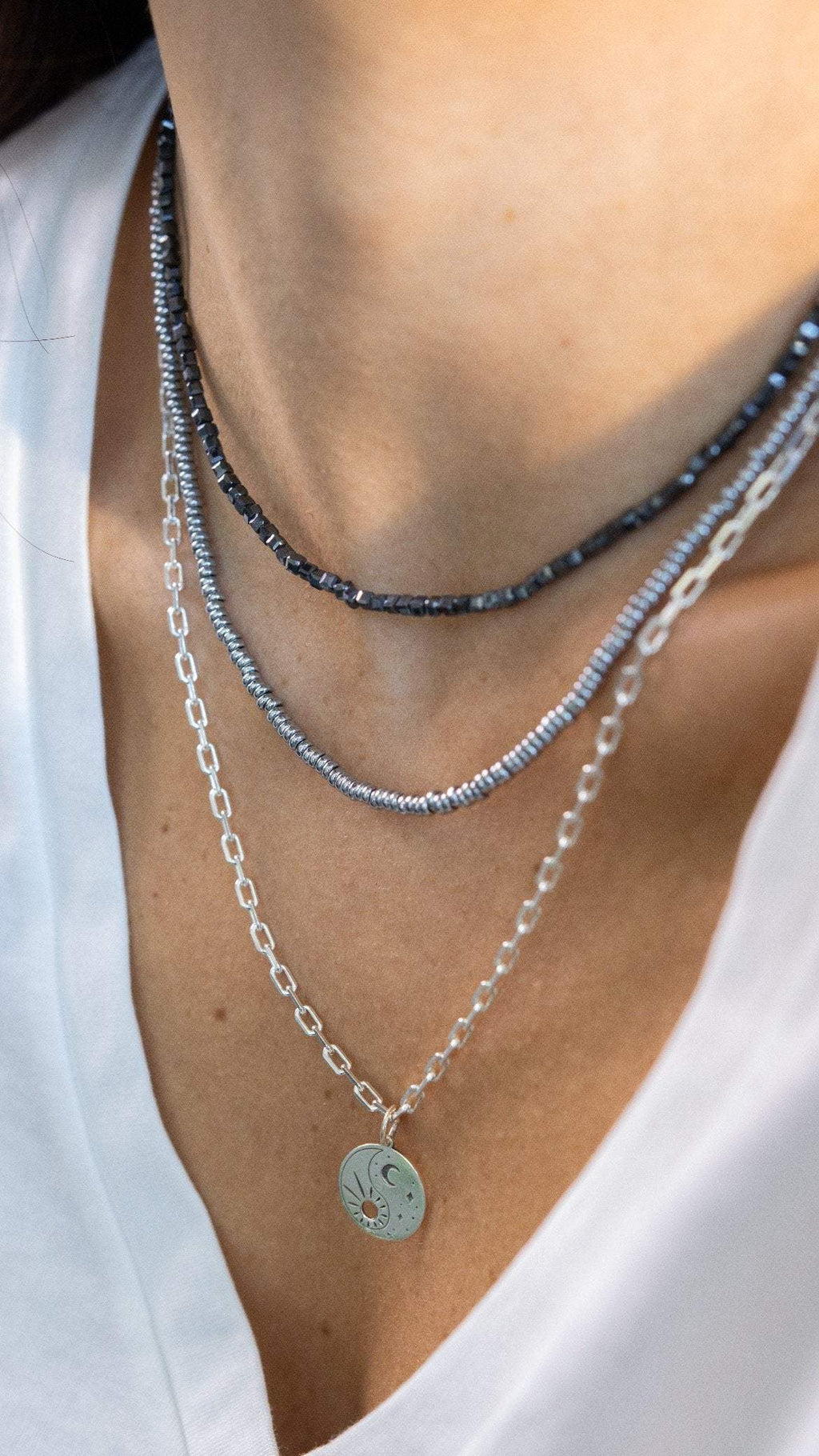 Colar Luz do Luar | Hematitas | linha Prata 950